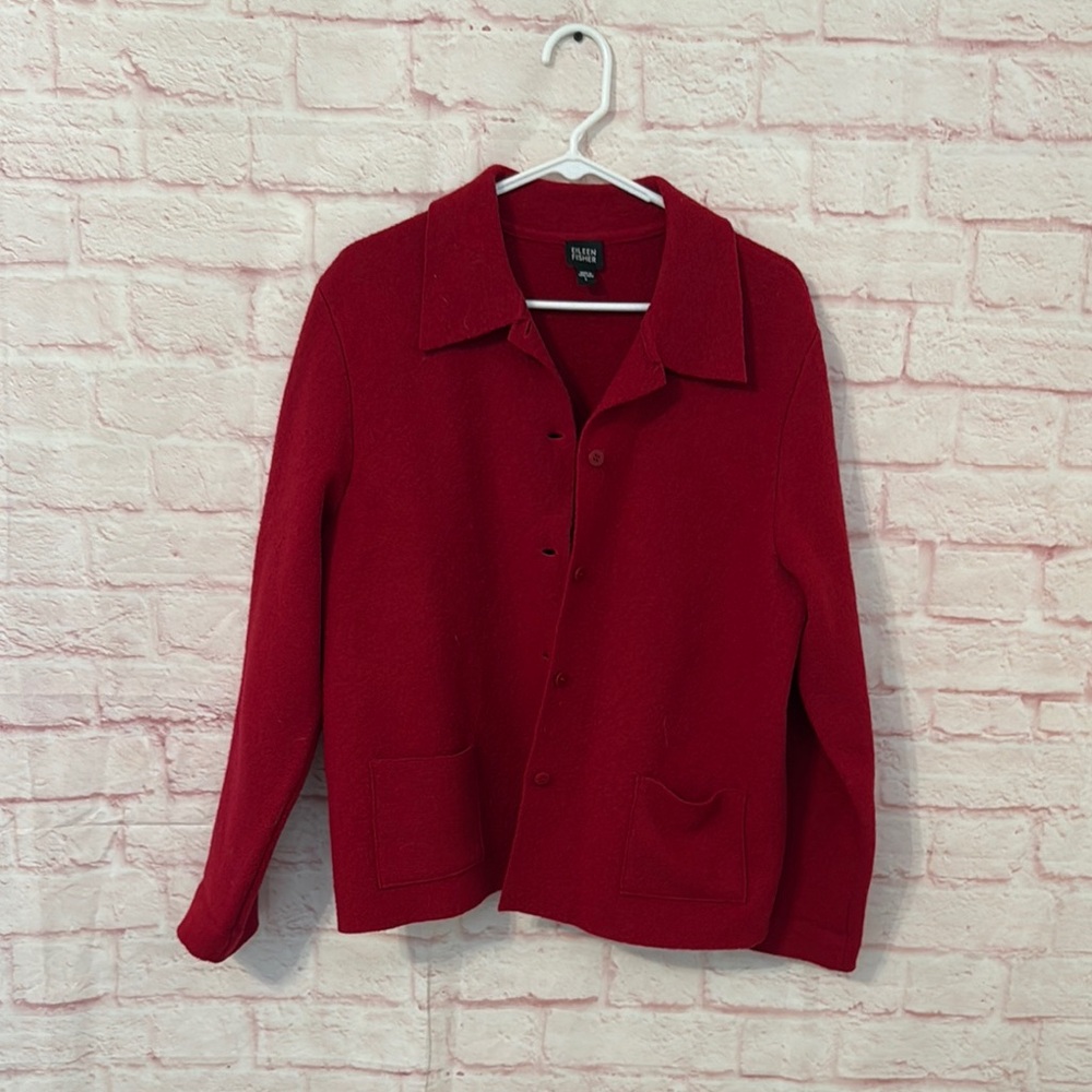 Eileen Fisher Red Button-Up Knit Jacket